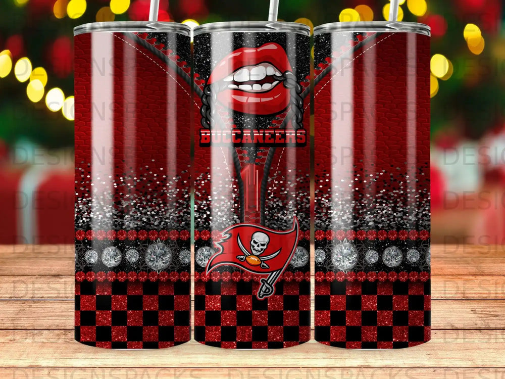 Tampa Bay Buccaneers tumbler with red glitter, lips, and team logo.