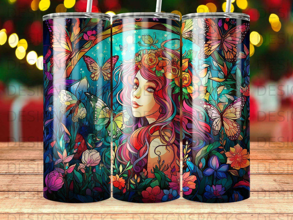 Woman with colorful hair and butterflies in a vibrant floral scene.