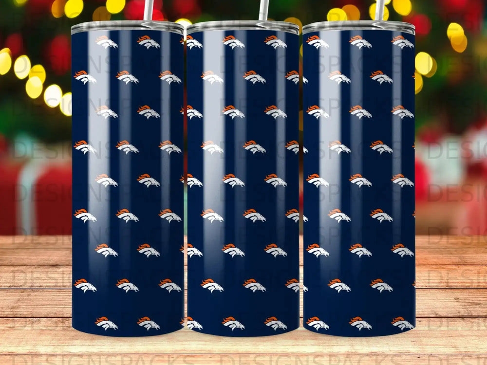 Navy tumbler with repeating Denver Broncos logo pattern.