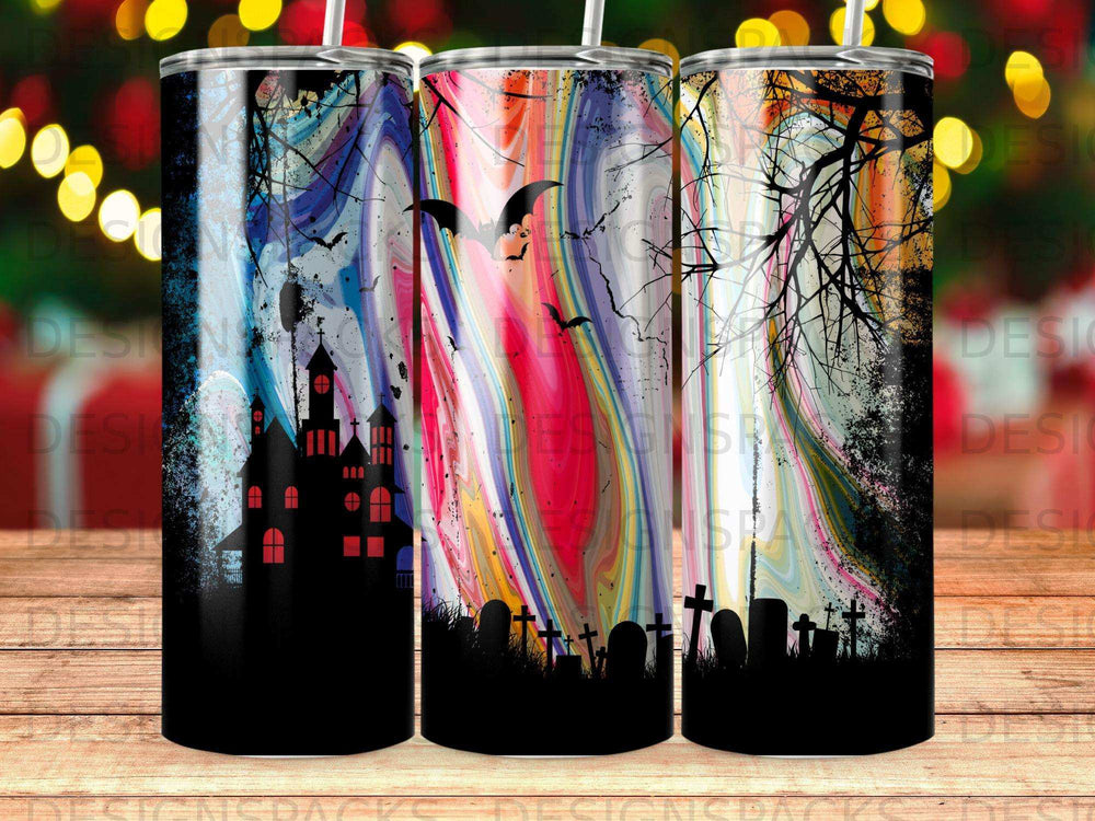 Halloween scene with haunted house, graveyard, and colorful abstract background.