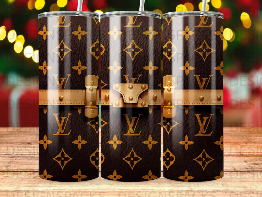 Brown tumbler with LV monogram pattern and gold buckle details.