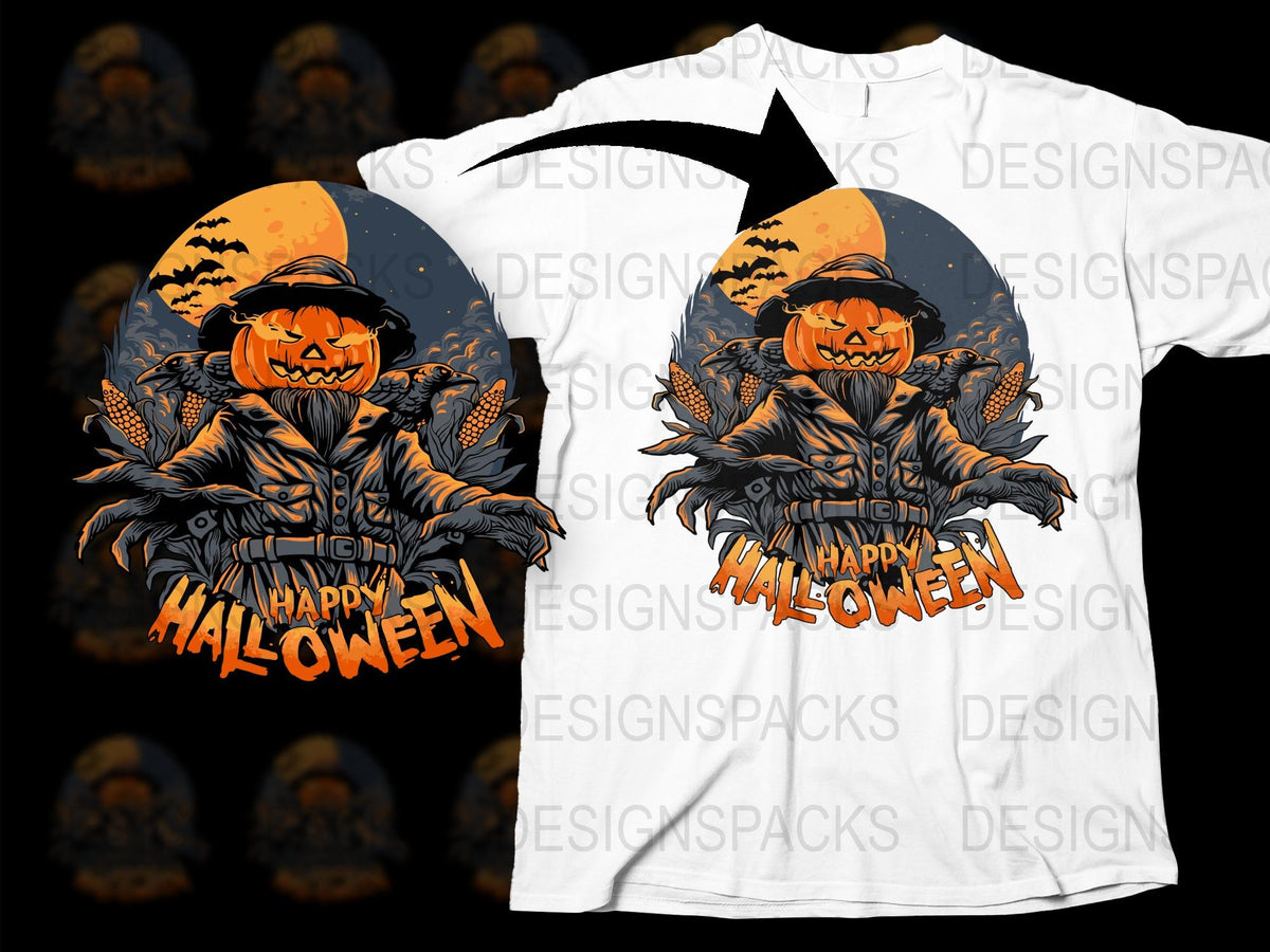 Halloween Pumpkin Head Graphic T-Shirt, Spooky Bat and Moon Design, Unisex Halloween Tee, October Festive Apparel, Orange and White