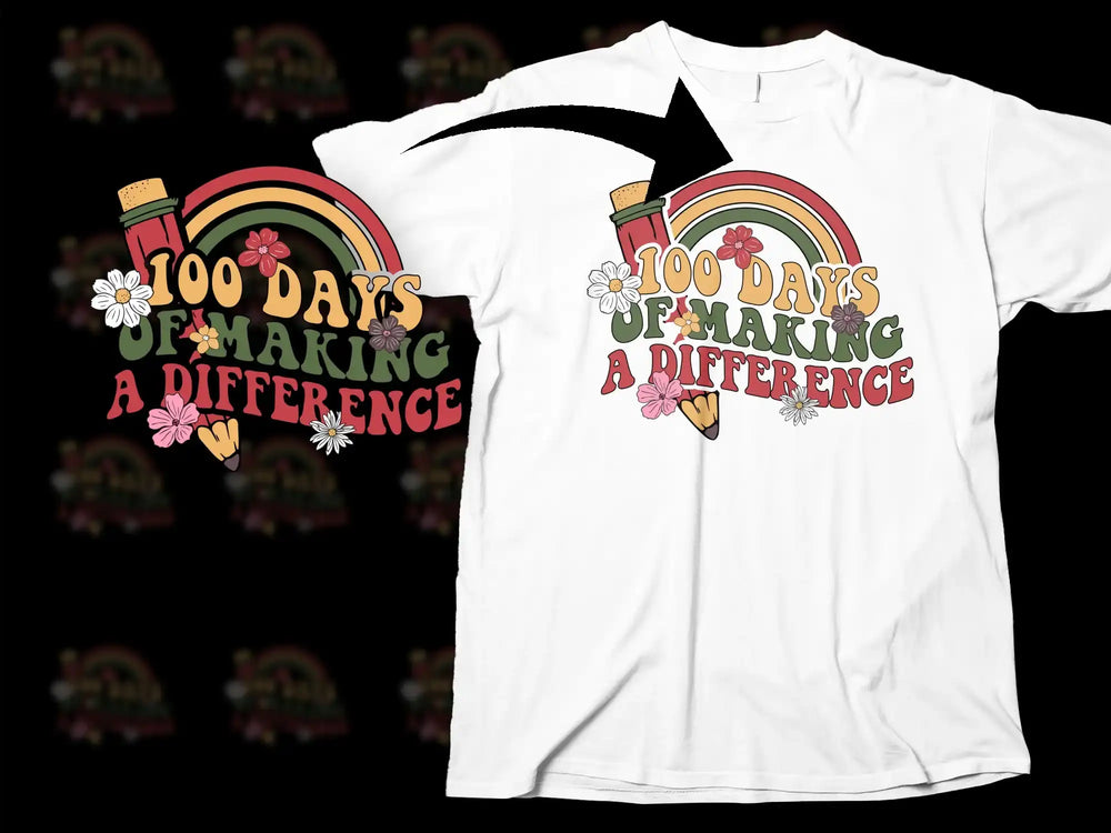 100 Days of Making a Difference Teacher T-Shirt, Colorful Rainbow Graphic Tee, Inspirational School Shirt