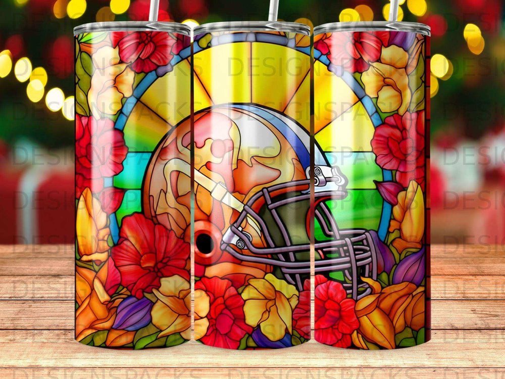 Browns helmet surrounded by stained glass and colorful floral accents.