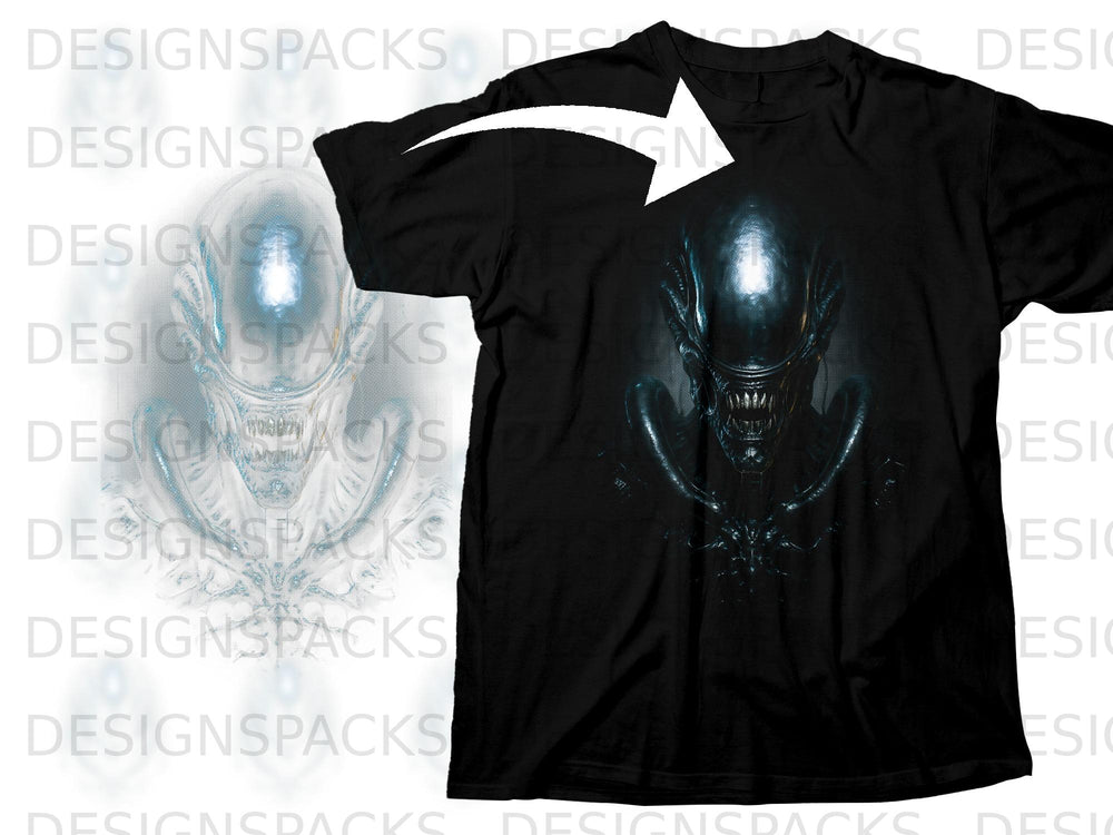 Black t-shirt with a dark, detailed Xenomorph graphic printed on the front.