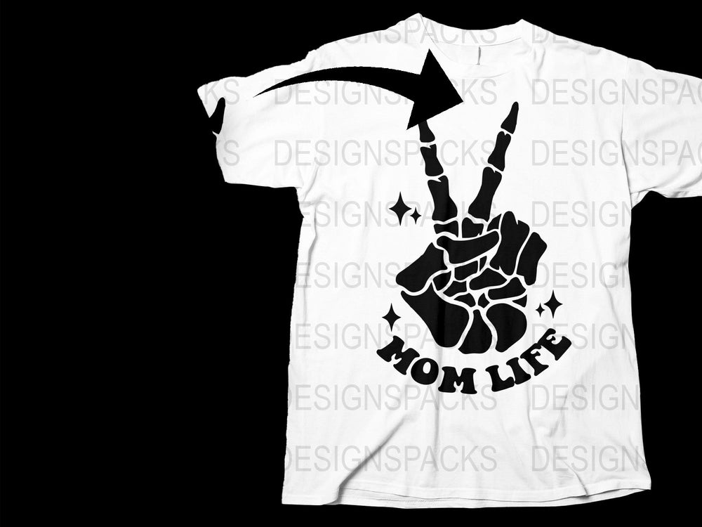 Black and White Skeleton Peace Sign T-Shirt, Unisex Punk Tee, Mom Life Graphic Shirt, Casual Streetwear Style