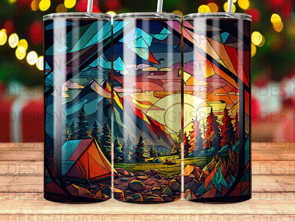 Tessellated landscape with tent, mountains, trees, and sun.