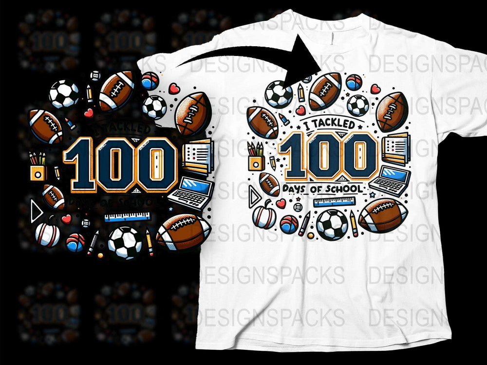 Kids Sports T-Shirt, 'I Tackled 100 Days of School' Celebration, White Crew Neck, Youth Sports Graphic Tee, Football Soccer Baseball Design