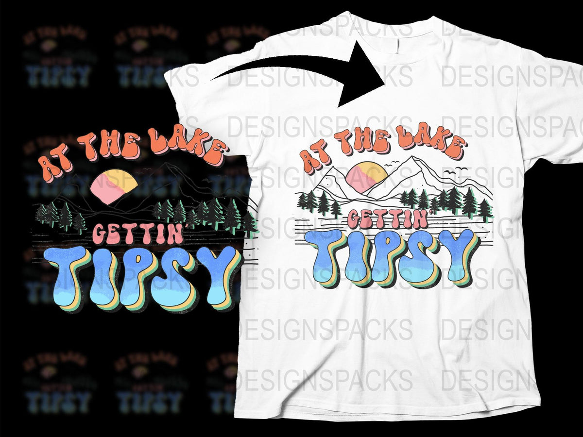 At the Lake Gettin' Tipsy T-Shirt, Funny Summer Vacation Apparel, Outdoor Party Tee, Unisex White Graphic Shirt