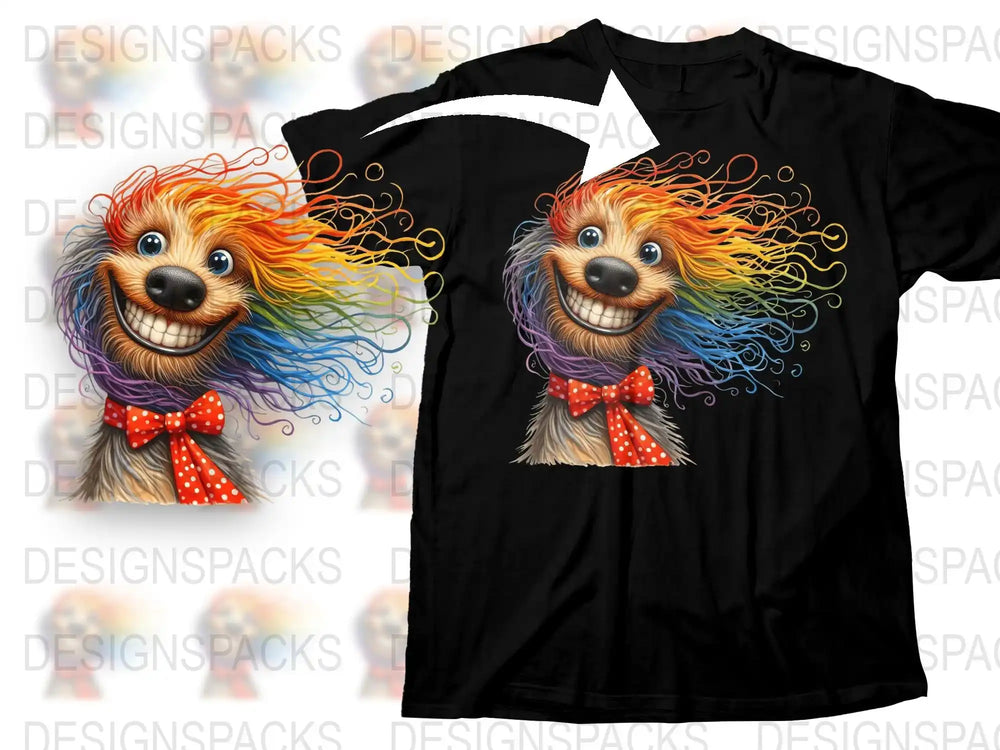 Colorful Dog Design T-Shirt, Whimsical Rainbow Hair Dog with Bow Tie, Unisex Black Tee, Animal Graphic Shirt, Fun Pet Lover Gift