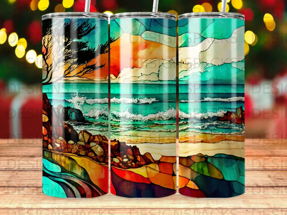 Colorful stained glass ocean waves and rocky shore with silhouette tree.