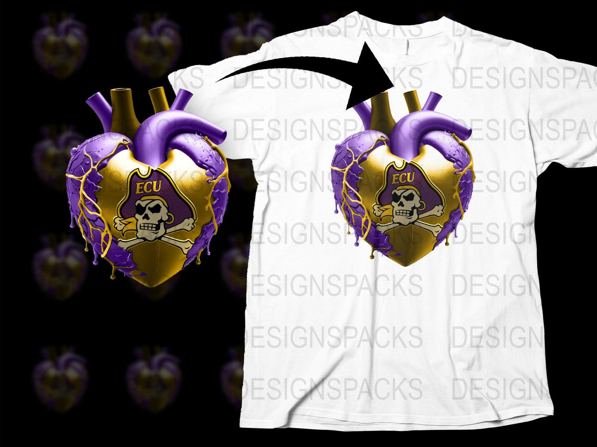 ECU Pirates Heart Graphic T-Shirt, Purple and Gold School Spirit Tee, College Apparel, Unisex Skull Design Shirt