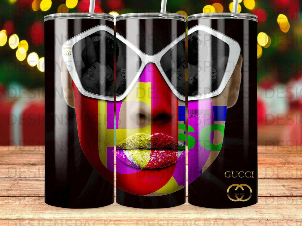 Gucci logo on a tumbler featuring colorful lips and sunglasses.