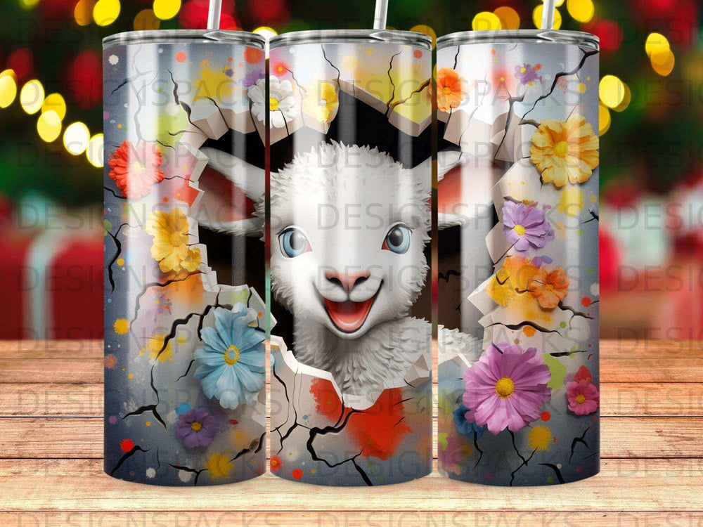 Cute goat peeking through cracked wall with colorful flowers.