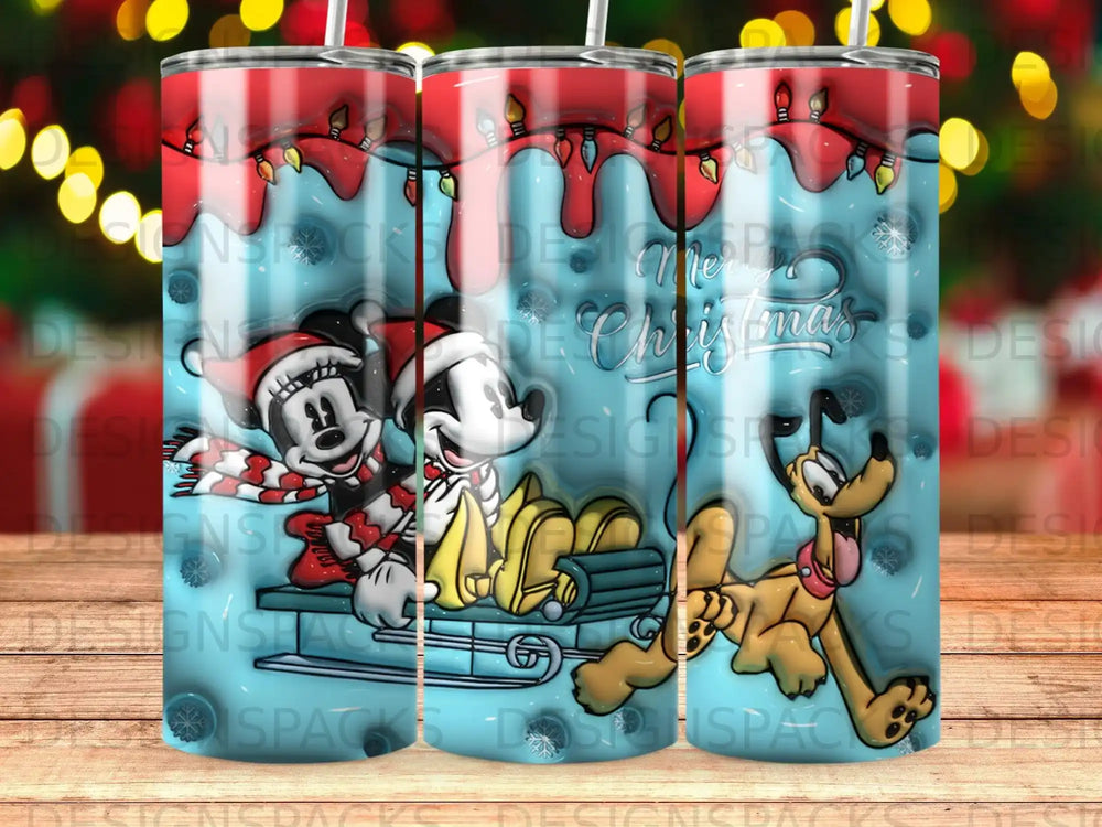 Mickey and Minnie Mouse with Pluto on a sleigh with Christmas lights.