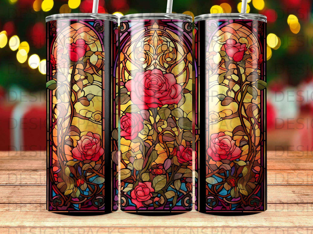 Stained glass tumbler with roses and ornate borders, featuring bokeh lights.