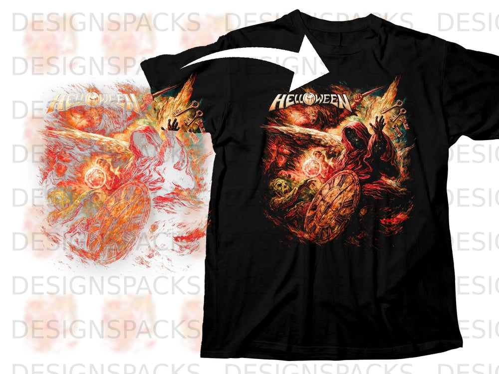 Black t-shirt with Helloween logo and a dark fantasy graphic of a hooded figure.