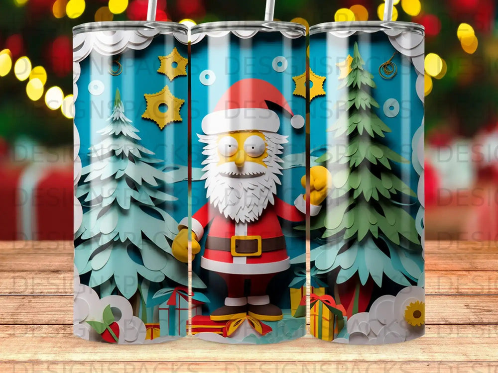 Santa Claus with gifts and trees, cartoon style.