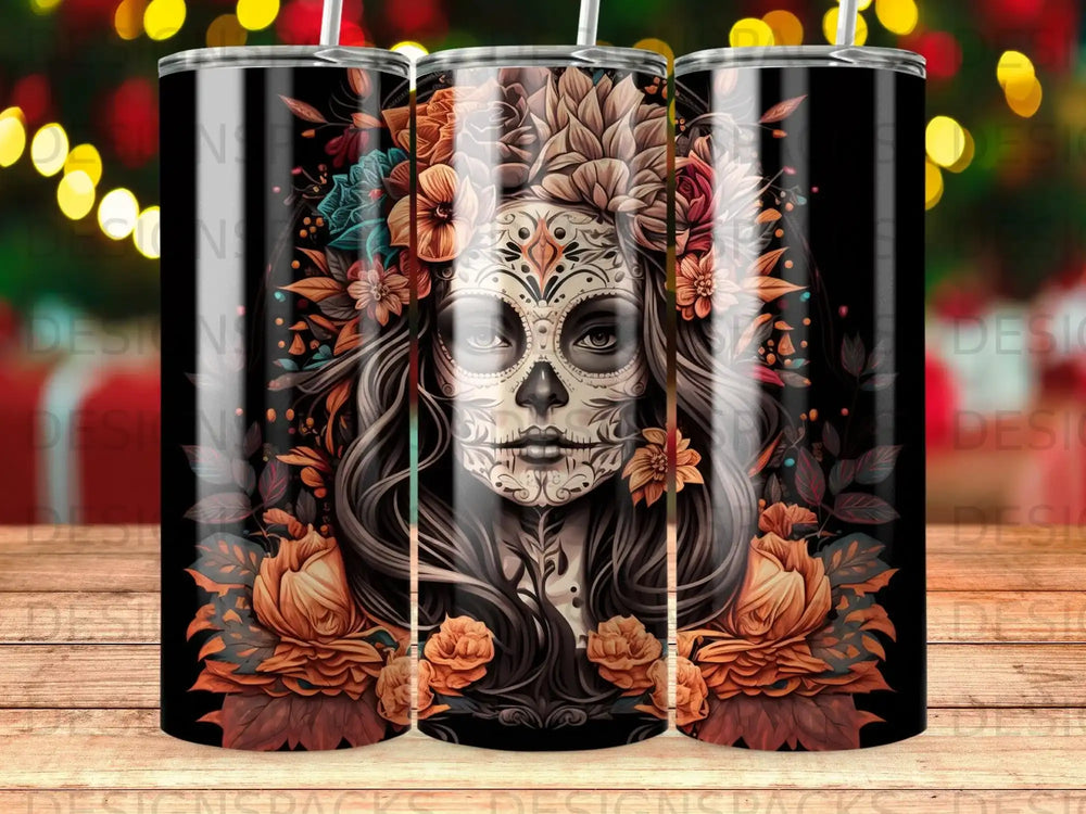 Sugar skull woman with floral headdress and dark background.