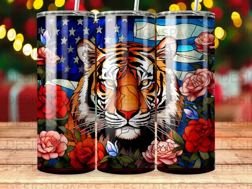 Tiger face with American flag and roses.