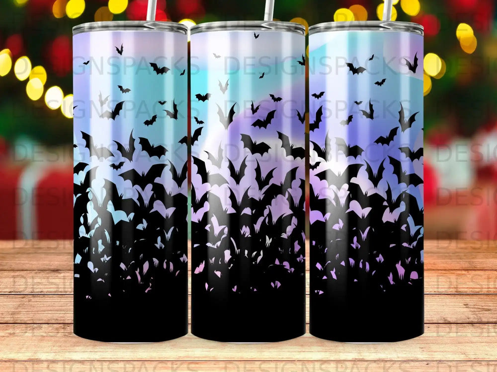 Three tumblers with a gradient of purple, blue, and black bat silhouettes.