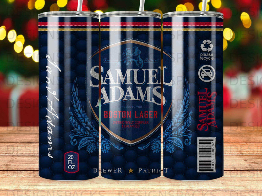 Samuel Adams Boston Lager tumbler with blue quilted pattern and gold accents.