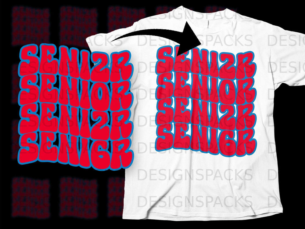 White t-shirt with red "SENIOR" text in a wavy pattern, with a blue outline.