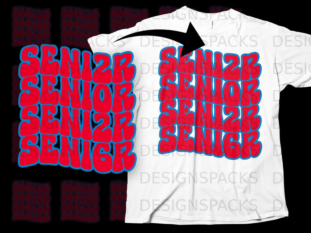 White t-shirt with red "SENIOR" text in a wavy pattern, with a blue outline.