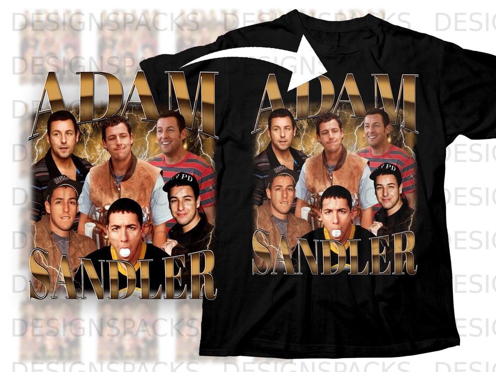 Adam Sandler collage with lightning background and text.