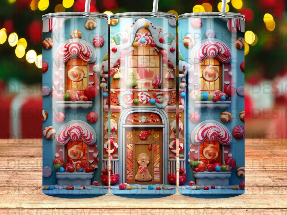 Gingerbread house adorned with candy, lollipops, and frosting.