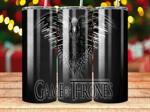 Game of Thrones raven design on a black tumbler with silver accents.