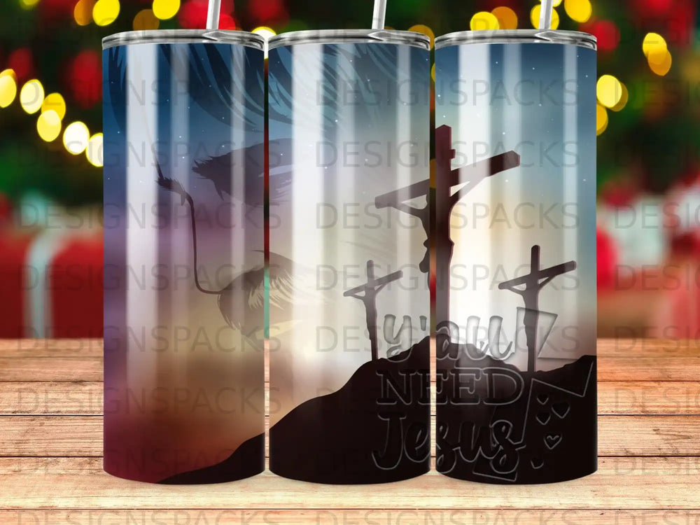 Tumbler featuring crosses and "Need Jesus" text against a dark background.