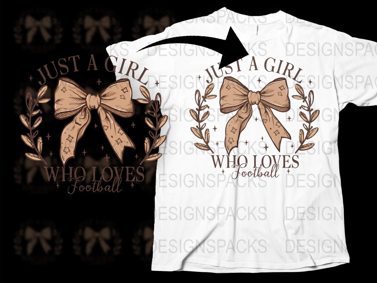 Just a Girl Who Loves Football T-Shirt, Casual Sports Tee, Women's Football Shirt, Cute Bow and Leaves Design, Gift for Her