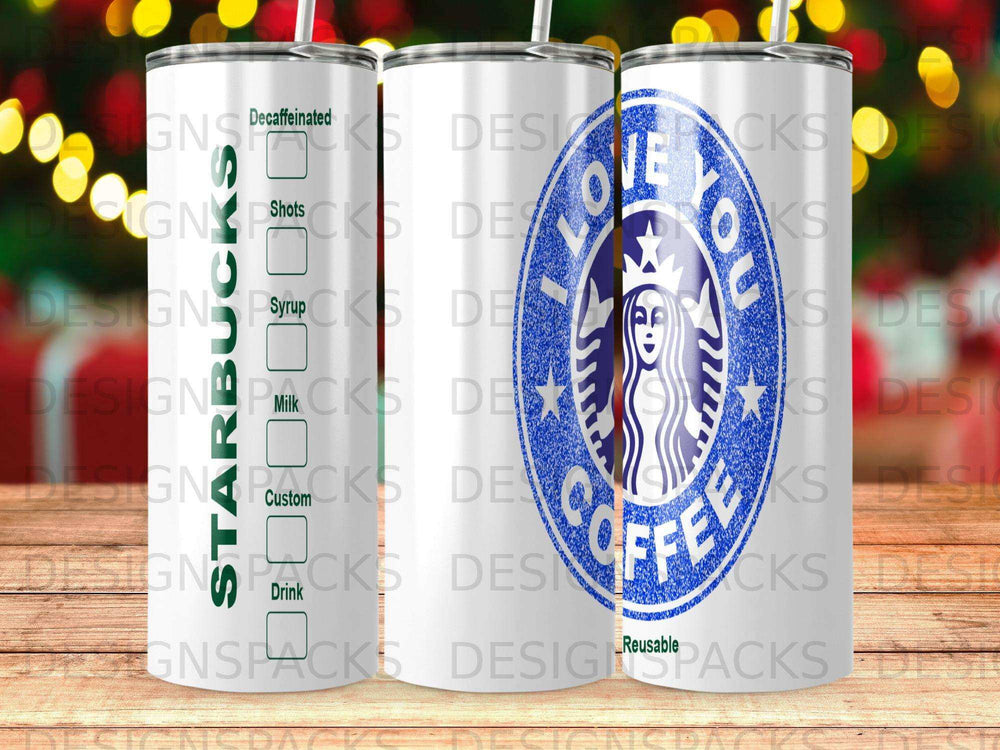 Starbucks logo and "Love you coffee" text on three tumbler designs.