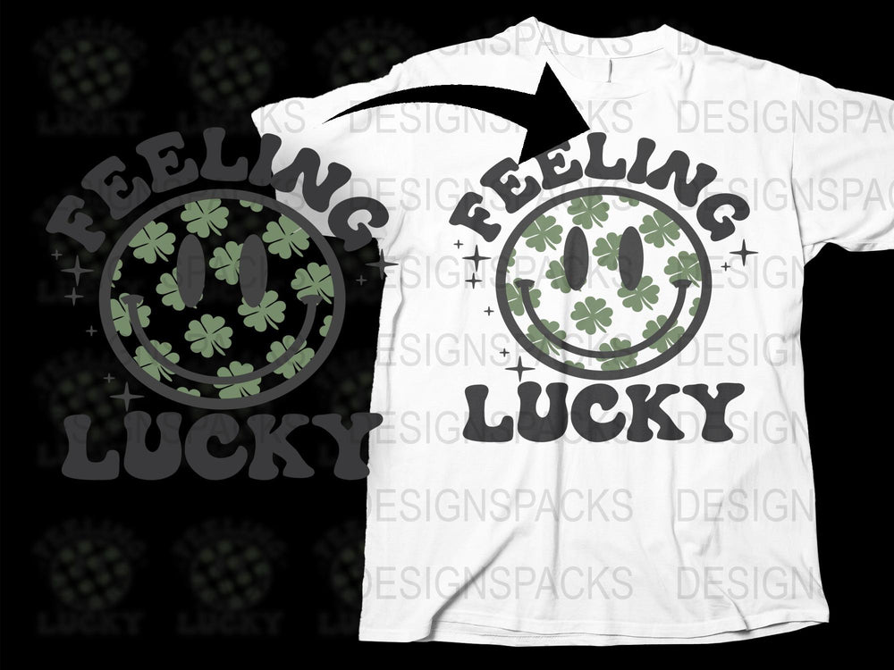 Feeling Lucky Smiley Face T-Shirt with Clover Design, White Graphic Tee, Unisex Casual Wear