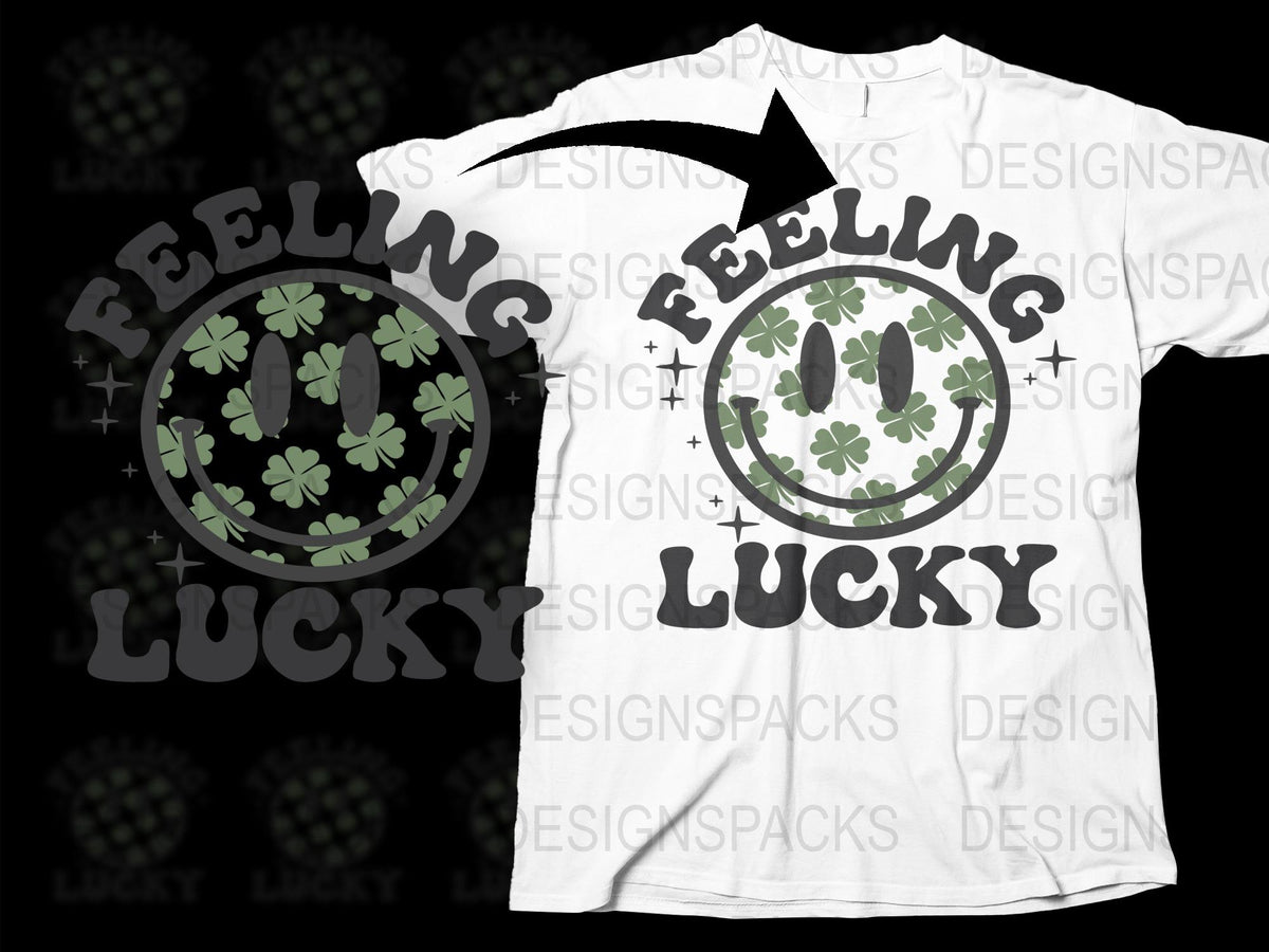 Feeling Lucky Smiley Face T-Shirt with Clover Design, White Graphic Tee, Unisex Casual Wear