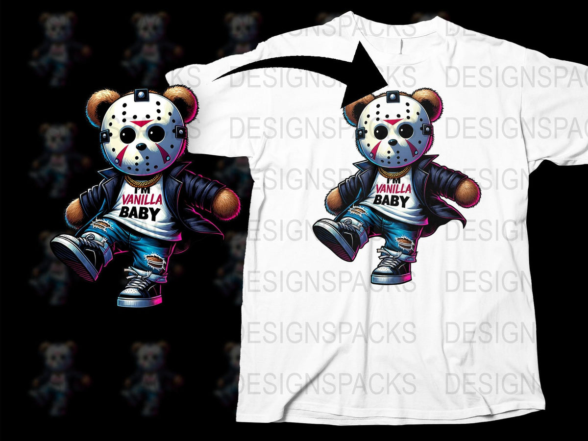 Vanilla Baby Bear Jason Hockey Mask T-Shirt, Cool Streetwear Graphic Tee, Unique Horror Pop Culture Apparel