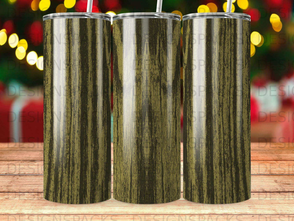 Three tall, ribbed tumblers with a dark wood grain pattern.