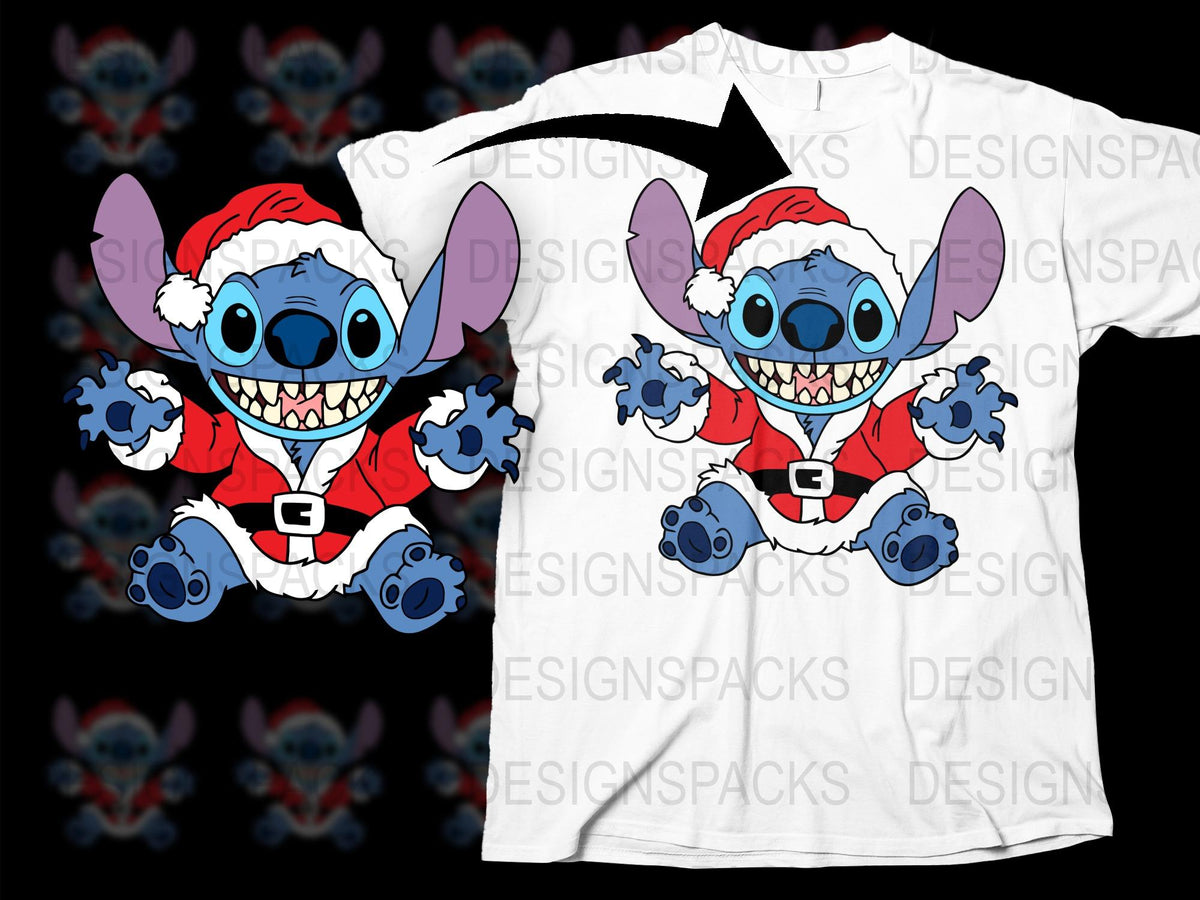 Festive Christmas Santa Stitch Graphic T-Shirt, Cute Holiday Cartoon Character Tee, Kids and Adult Sizes Available