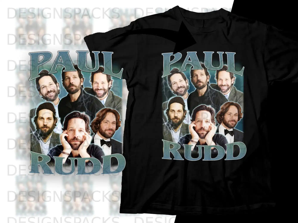 Paul Rudd collage on a black t-shirt.