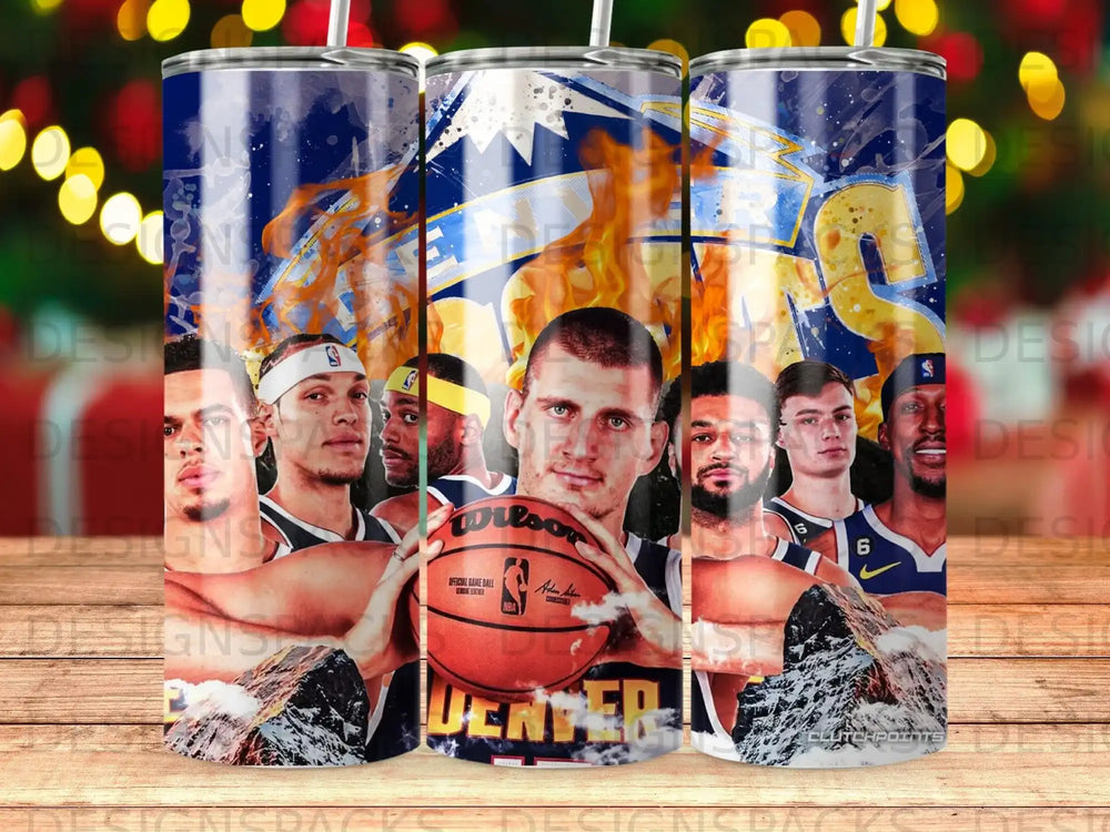 Denver Nuggets basketball players, including Nikola Jokic, on a tumbler.