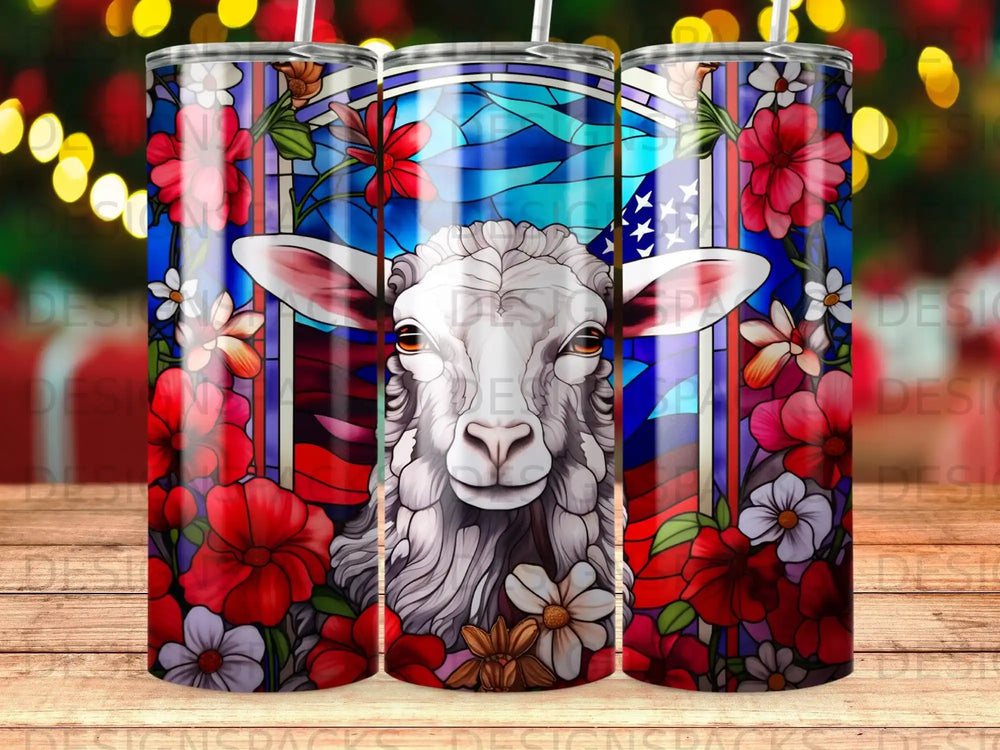 White sheep with stained glass background and red and white flowers.