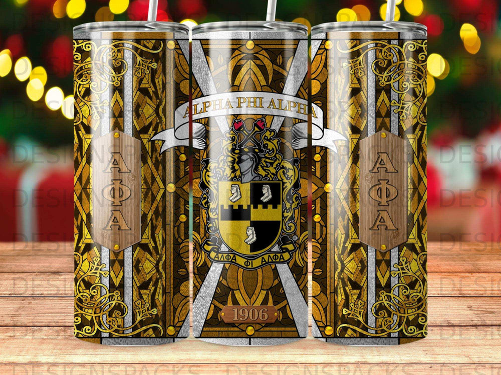 Alpha Phi Alpha fraternity crest with gold wood pattern and year 1906.