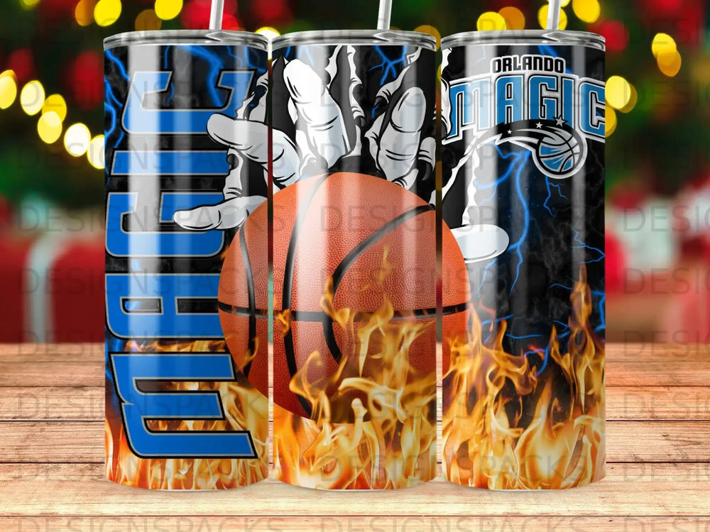 Orlando Magic basketball tumbler with fire and lightning graphics.