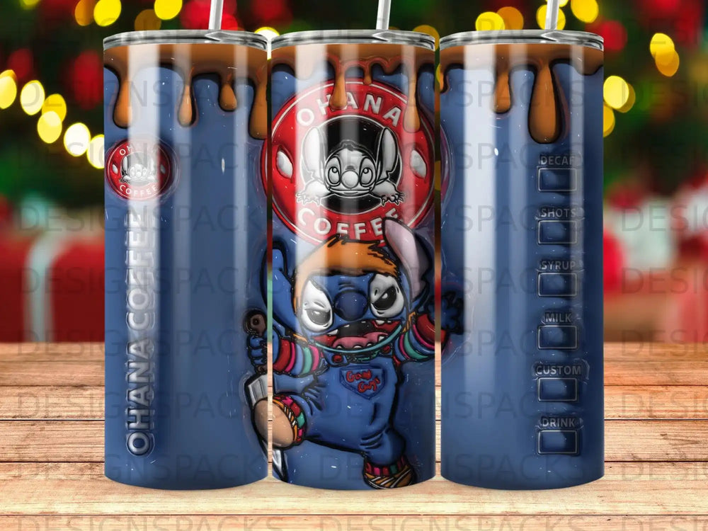 Tumbler with Stitch and Ohana Coffee logo, featuring drink types.