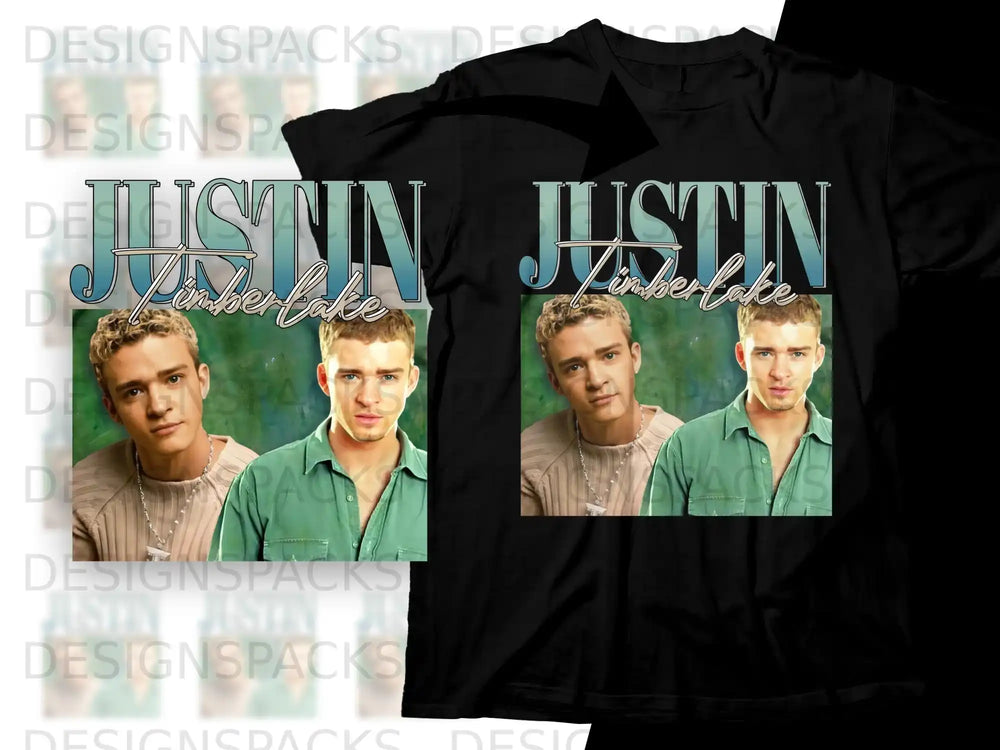 Justin Timberlake portrait on black t-shirt.