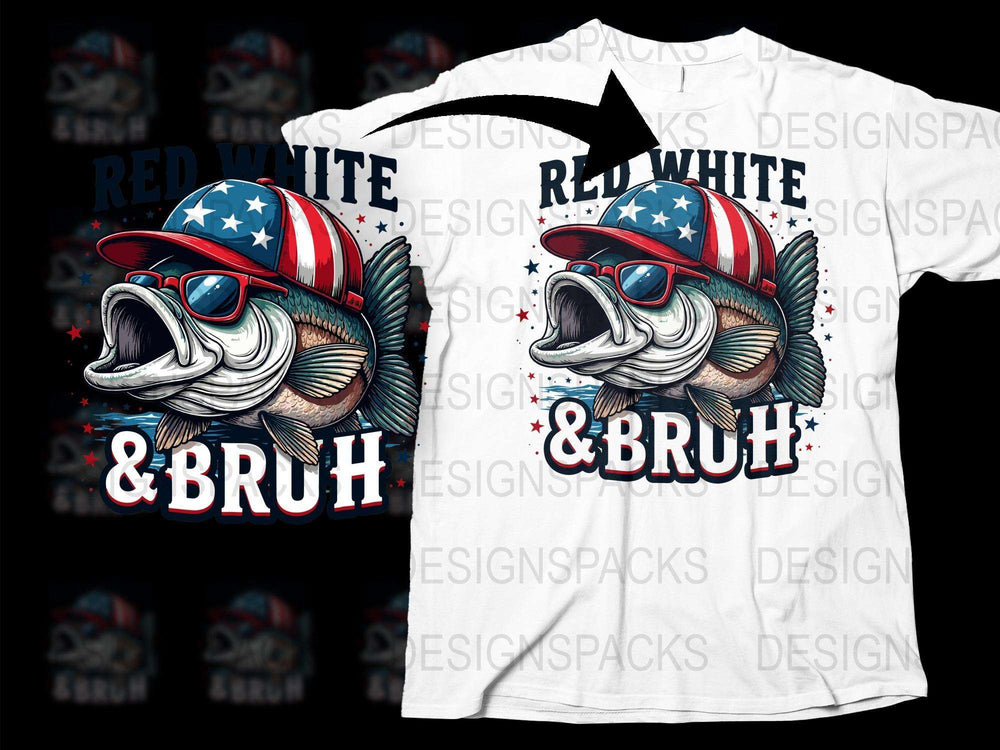 Patriotic Fish T-Shirt, Red White and Bruh, Funny Fishing Tee, US Flag Hat Design, Angler Gift Idea