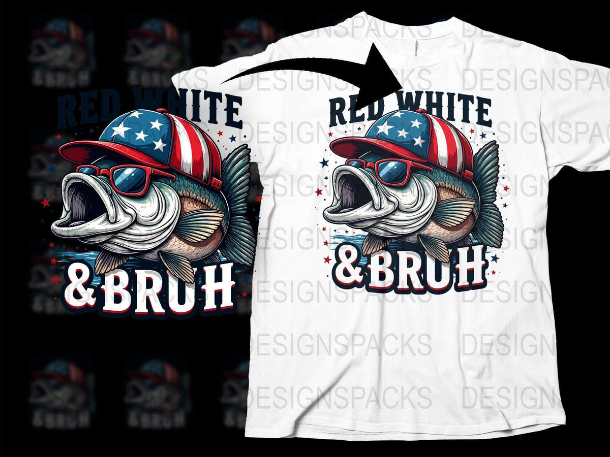 Patriotic Fish T-Shirt, Red White and Bruh, Funny Fishing Tee, US Flag Hat Design, Angler Gift Idea
