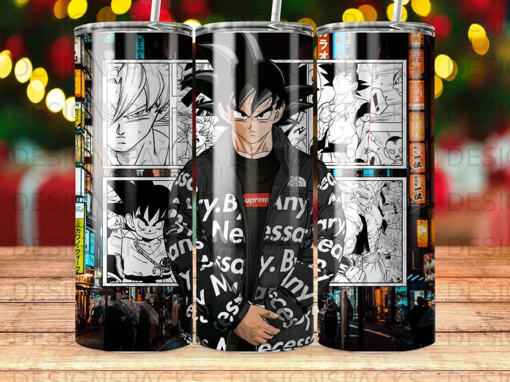 Goku from Dragon Ball Z in a Supreme jacket, surrounded by manga panels.