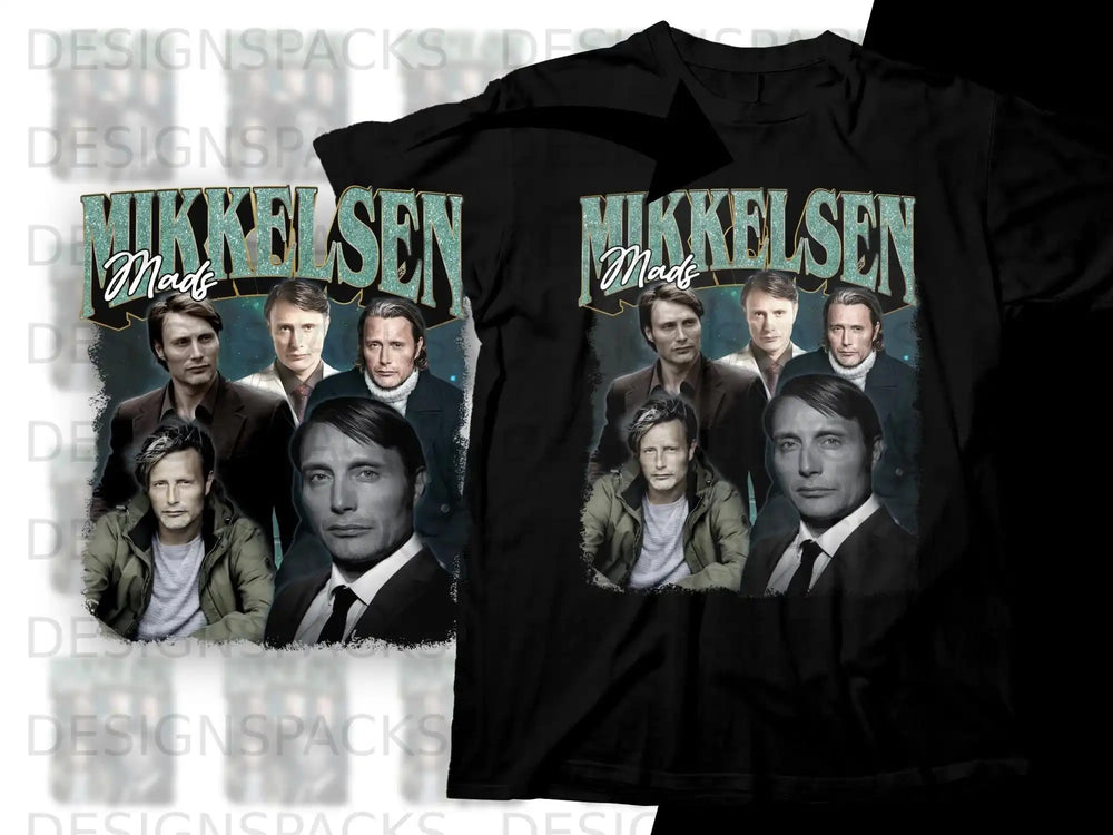Mads Mikkelsen collage t-shirt design with actor's name.
